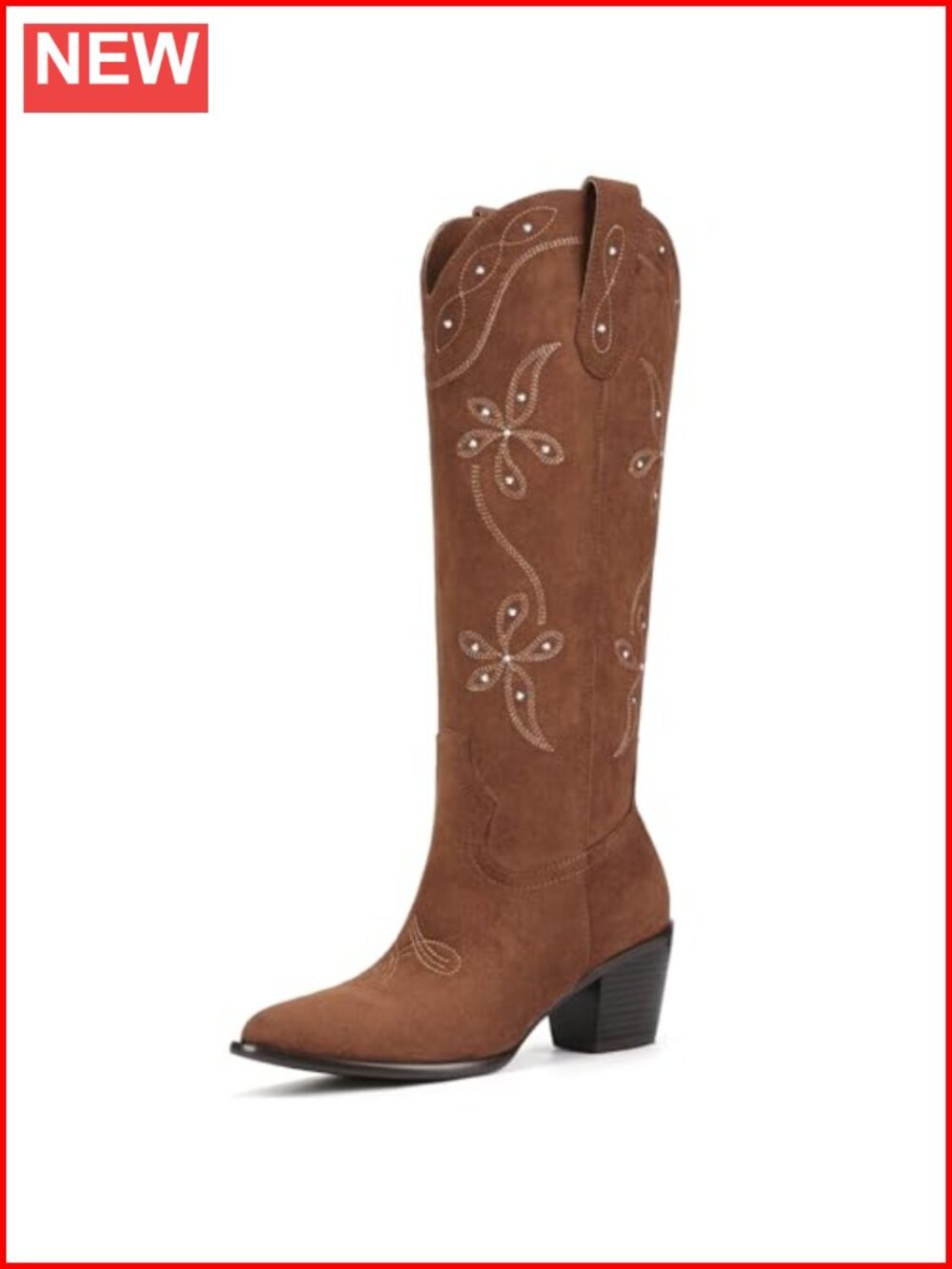 Knee High Cowboy Boots Women Faux Suede Pointed Toe Chunky Heel Pull On Western